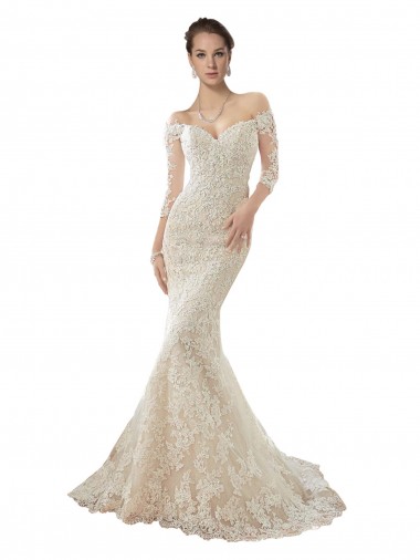 Long Sleeves Ivory & Champagne Mermaid Off the Shoulder Wedding Dress Geelong
