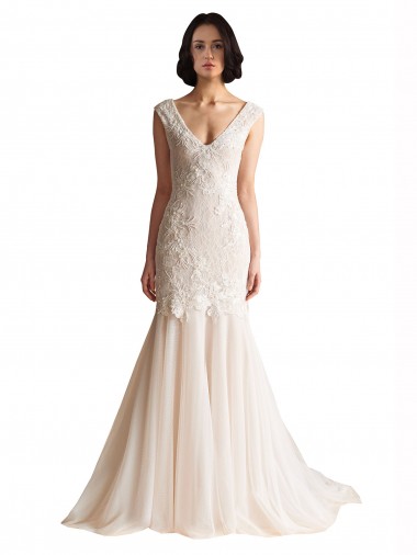 Sleeveless Ivory & Champagne Low Back Mermaid V-Neck Wedding Dress Geelong