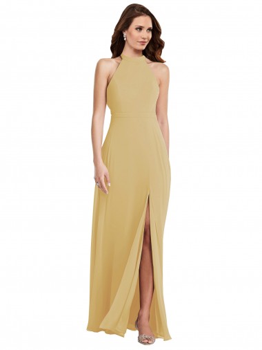 Sleeveless Gold Criss Cross Open Back A-Line Halter Neck Semi Formal Evening Dress / Bridesmaid Dress Geelong