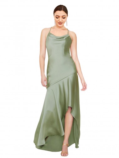 Sleeveless Smoke Green Criss Cross Open Back A-Line Cowl Neck High Low Evening Gown / Prom Dress / Bridesmaid Dress Geelong