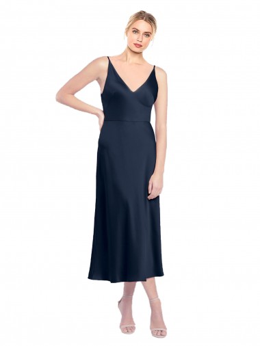 Sleeveless Dark Navy V-Back A-Line Stretch Satin V-Neck Formal Evening Gown / Prom Dress / Bridesmaid Dress Geelong