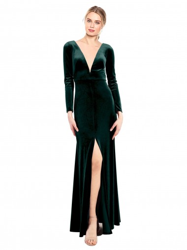 Long Sleeves Dark Green Open Back A-Line V-Neck Black Tie Prom Dress / Bridesmaid Dress Geelong