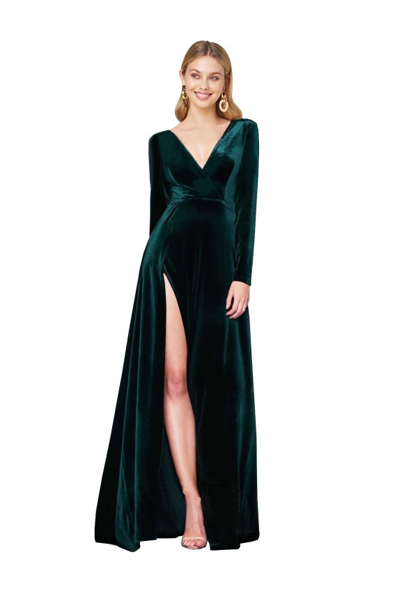 Long Sleeves Dark Green A-Line V-Neck Black Tie Evening Gown / Prom Dress / Bridesmaid Dress Geelong