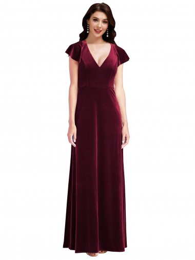 Flutter Sleeves Burgundy A-Line V-Neck Semi Formal Evening Dress / Prom Dress / Bridesmaid Dress Geelong