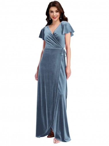 Flutter Sleeves Dusty Blue A-Line V-Neck Black Tie Evening Gown / Prom Dress / Bridesmaid Dress Geelong
